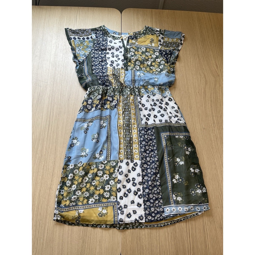 Como Blu Women's Large Patchwork Floral Dress Blue Olive Mustard Boho Midi